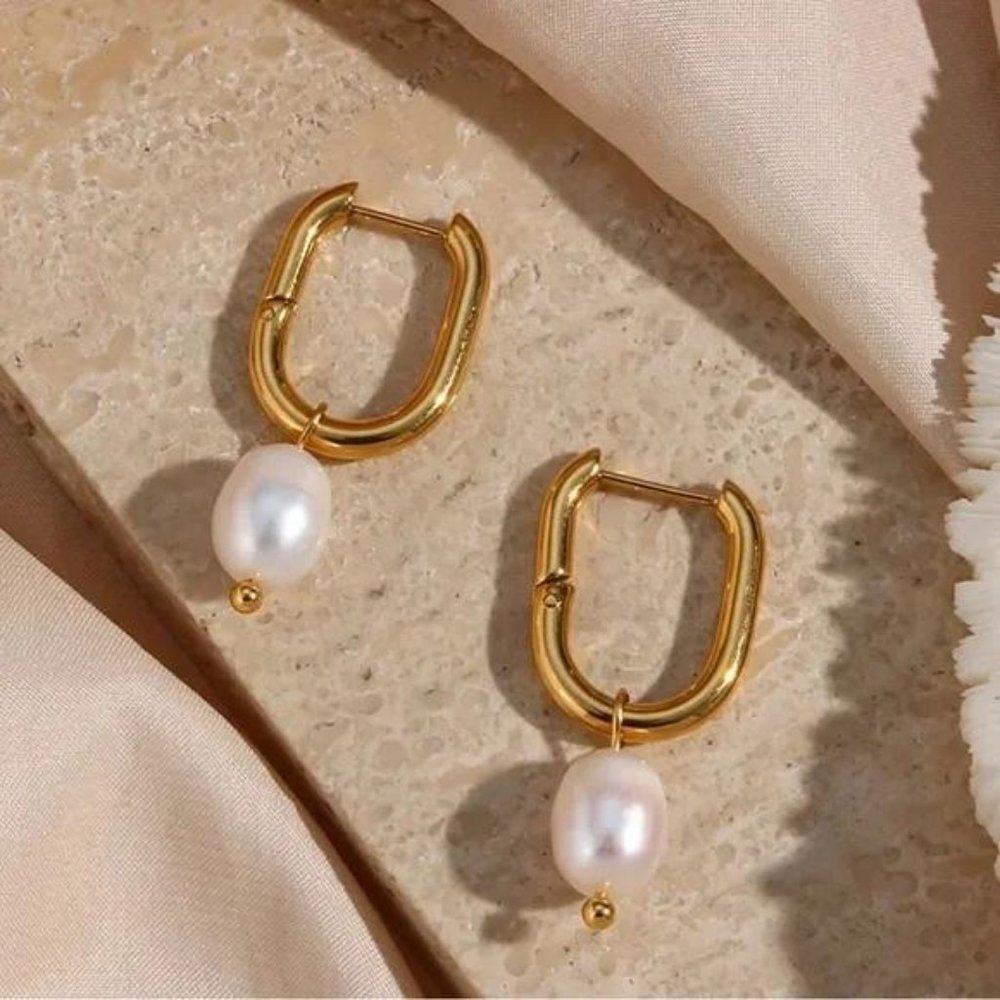 New 18K Freshwater Pearl Drop U Shape Earrings, CUTE RING, SHINY RING. - Picture 3 of 7